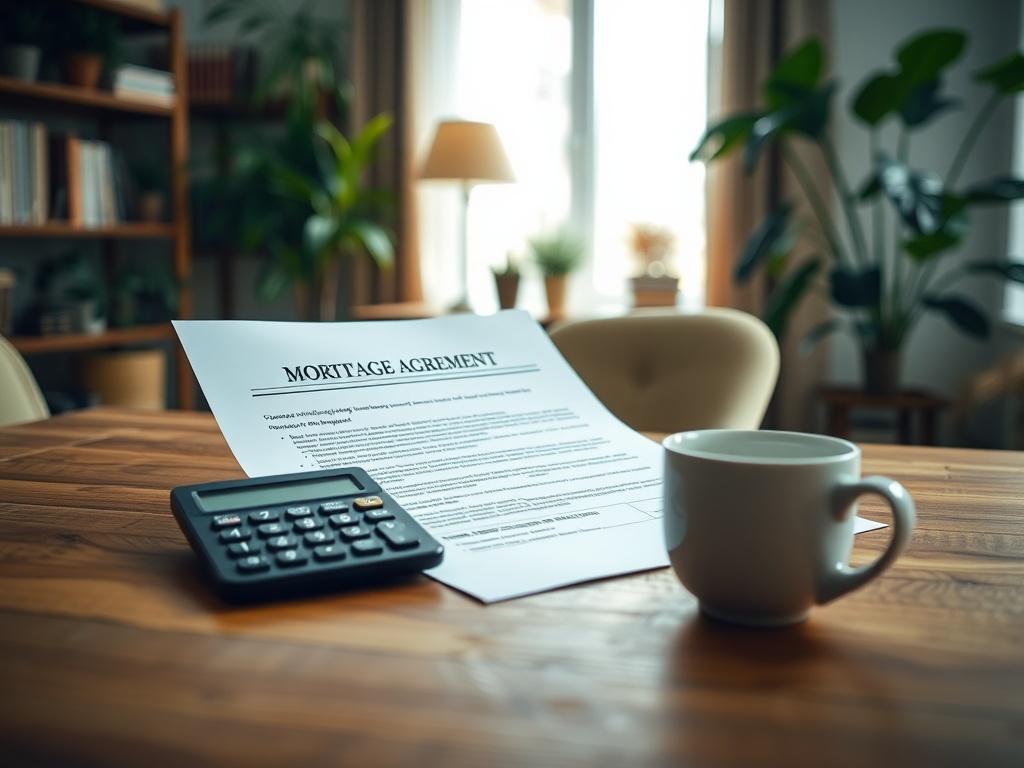 На столе лежит кредитное соглашение, рядом калькулятор и чашка с кофе. Вокруг зелёные растения.