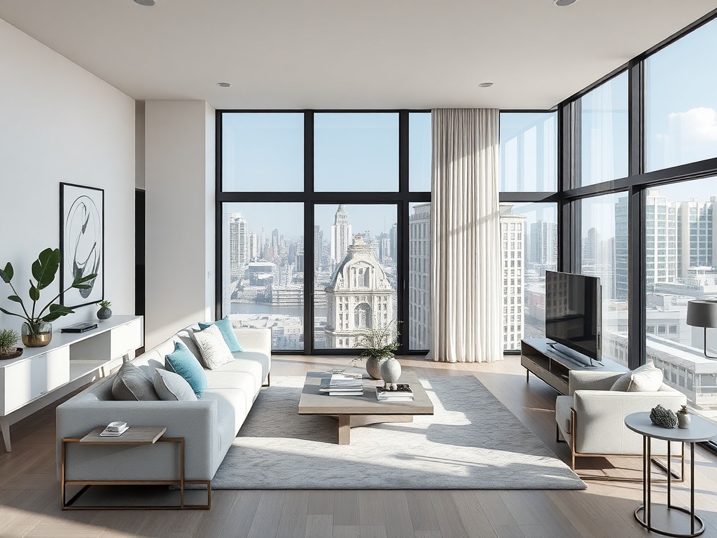 Светлая стильная гостиная с большими окнами, открывающими вид на город и современные мебельные элементы.