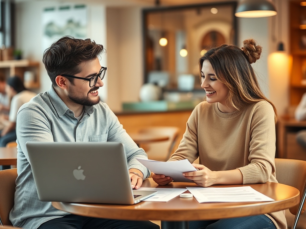 Два человека обсуждают документы за столом в кафе, рядом стоит ноутбук. Они улыбаются и выглядят счастливыми.