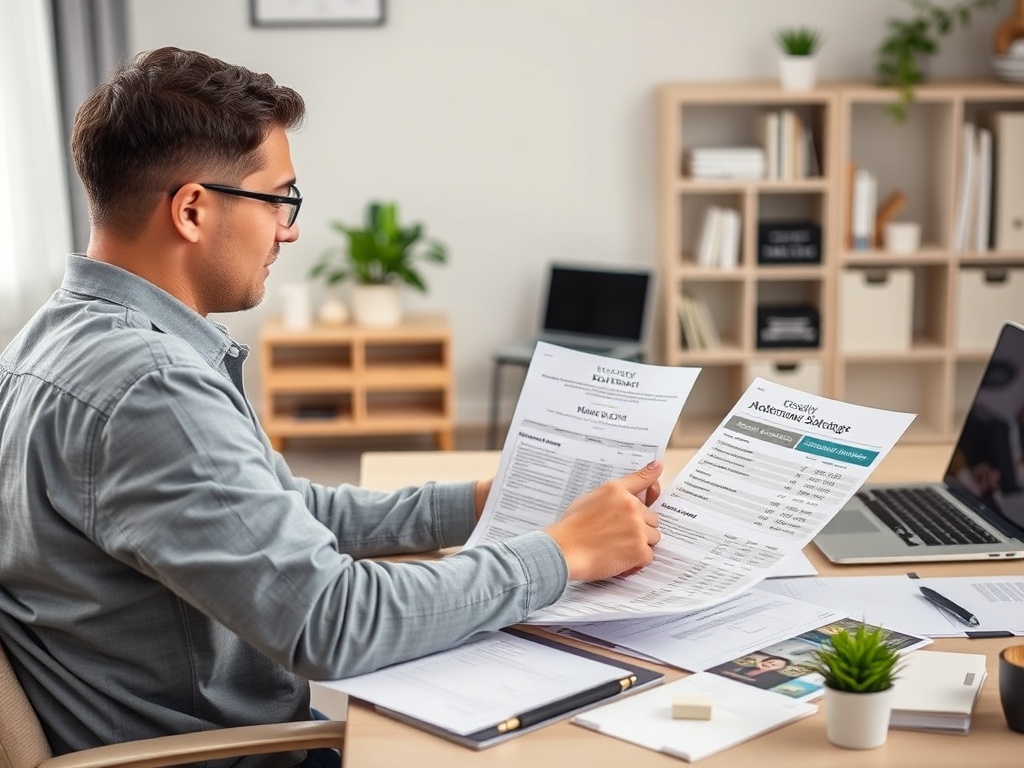 Мужчина в офисе просматривает документы на столе, окружённый офисной техникой и растениями.