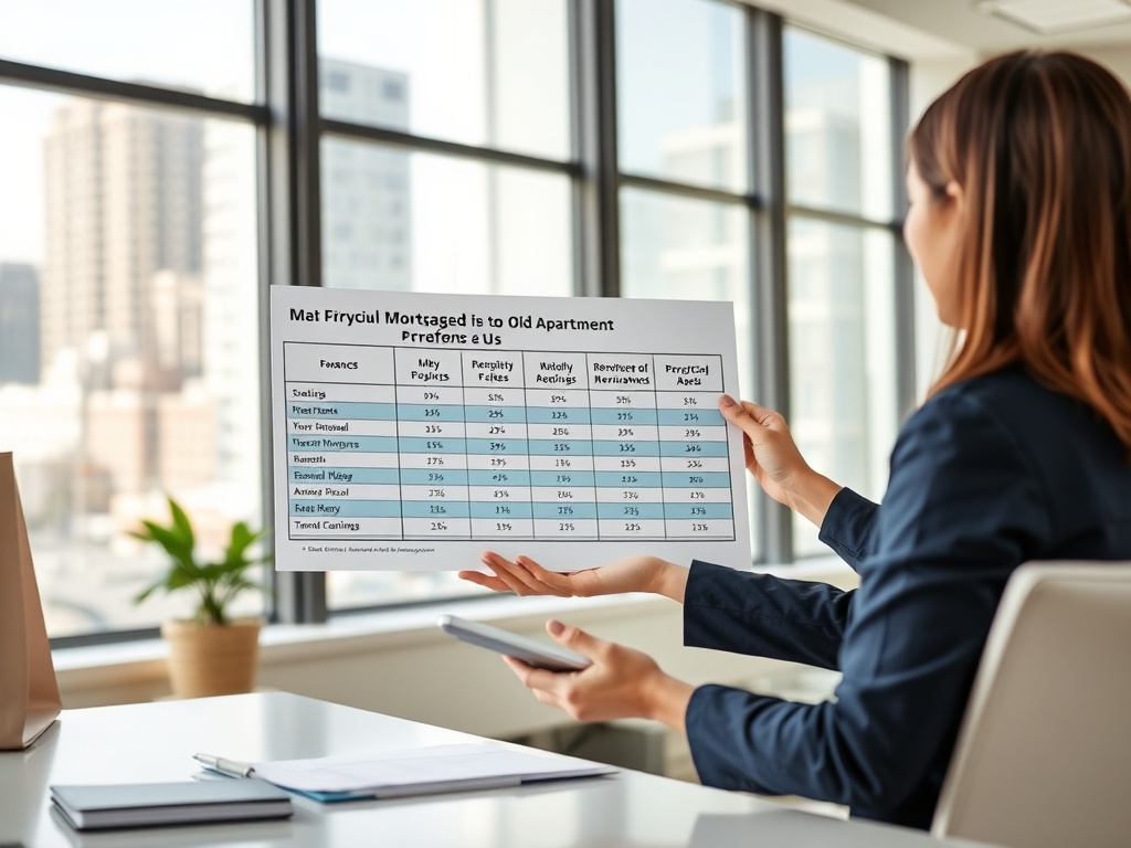 Женщина держит график предпочтений по старым квартирам в офисе. На фоне городские здания и окна.