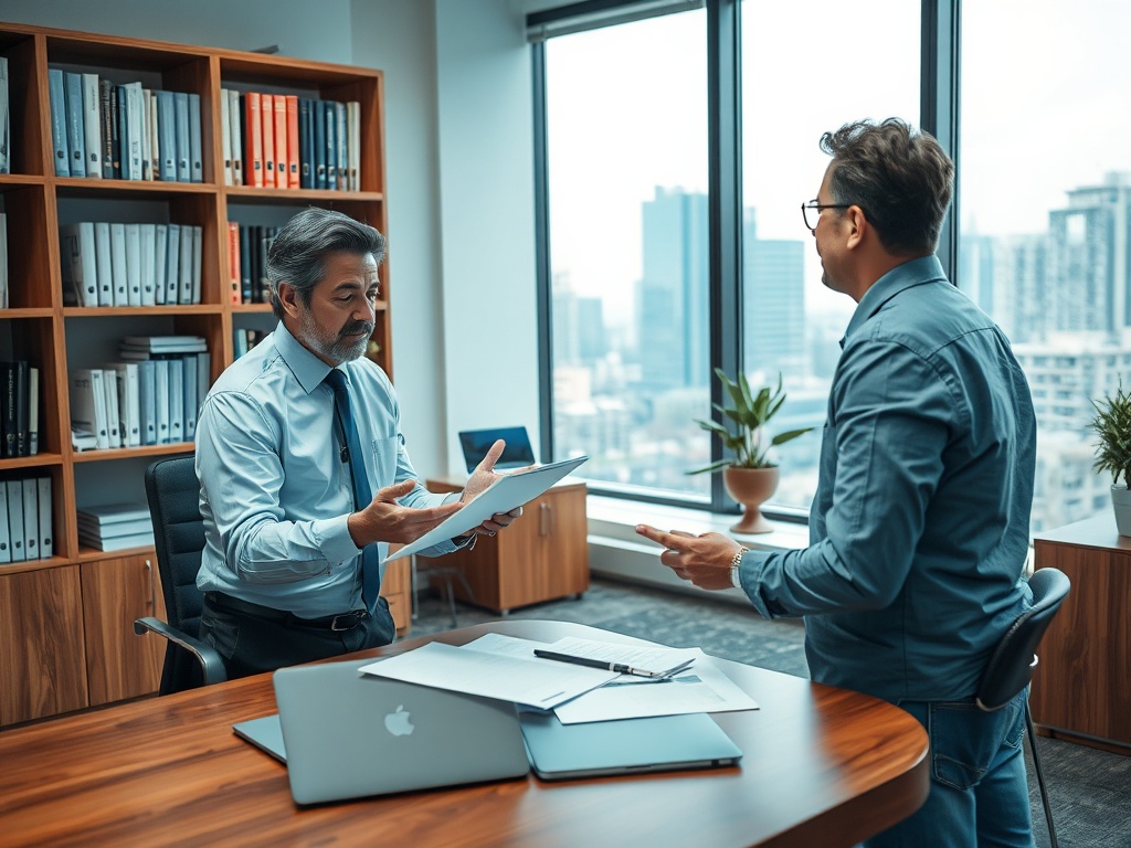 Два человека в офисе обсуждают документы, один показывает бумаги, а другой слушает. За окном вид на город.
