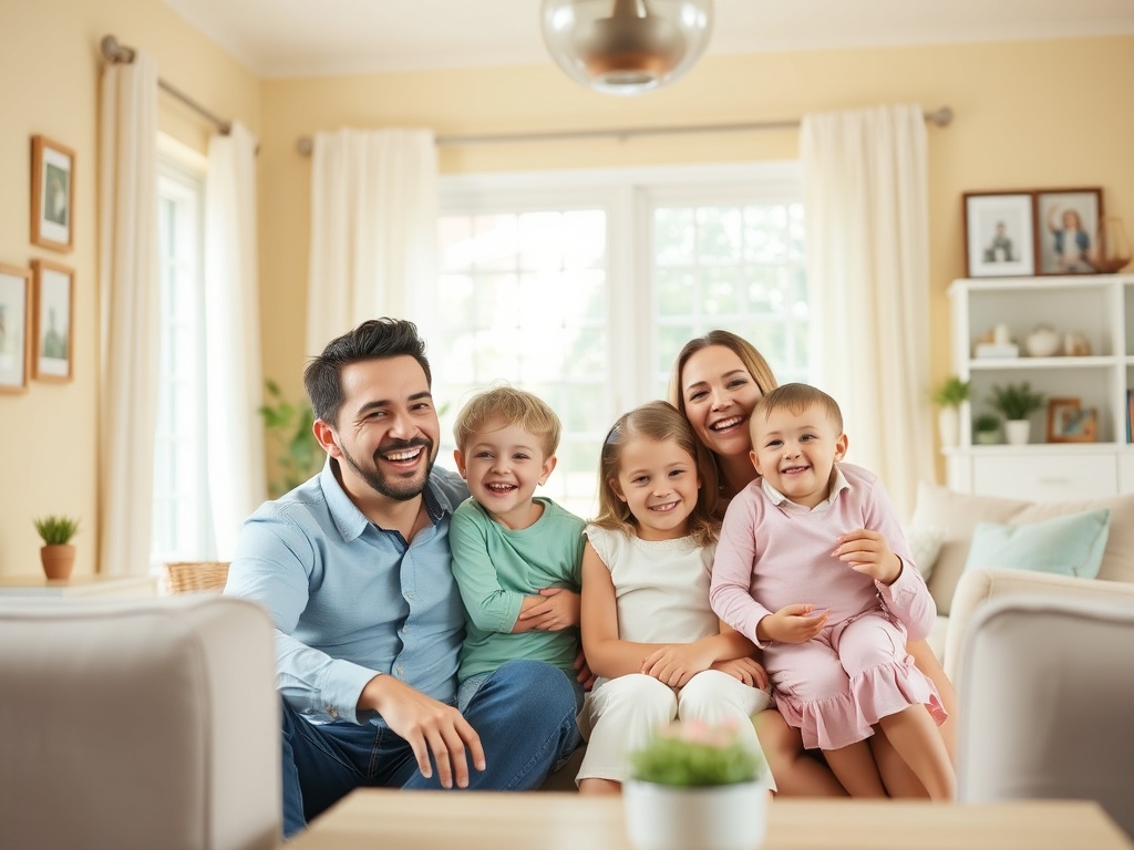 Семья счастливо сидит вместе на диване в светлом доме. Взрослые и дети улыбаются на камеру.