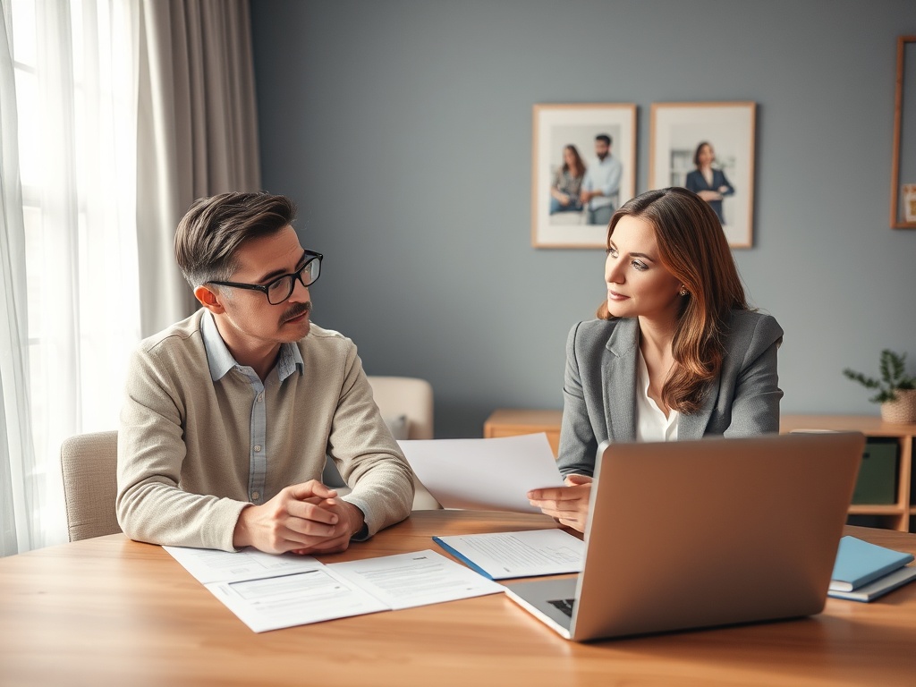 Женщина и мужчина обсуждают документы за столом в офисе, на заднем фоне видны фотографии.