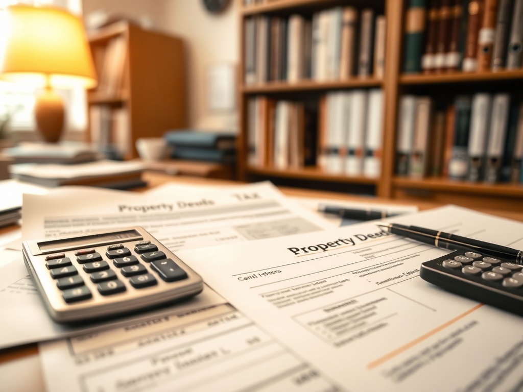 На столе разложены документы о собственности, калькулятор и ручка, фон с книжными полками.