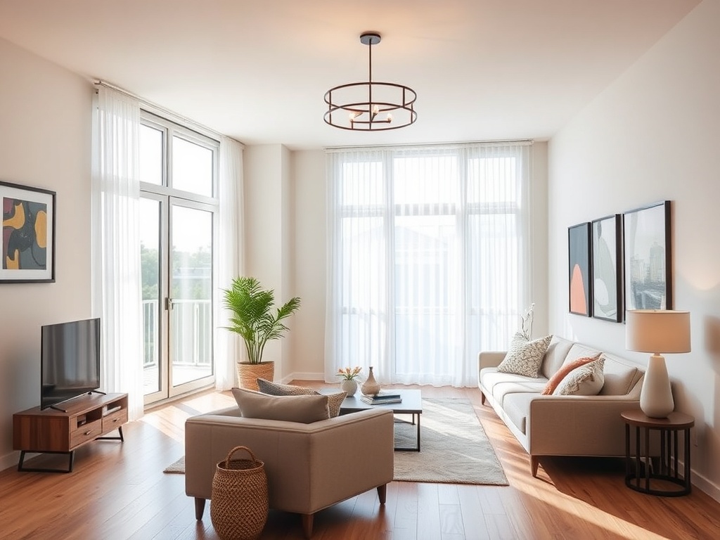 Светлая гостиная с окнами до пола, современная мебель и растения создают уютную атмосферу.