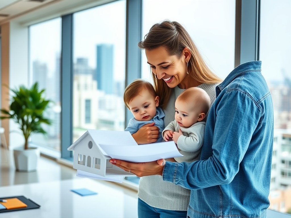 Счастливая семья с двумя детьми смотрит на план дома, находясь в светлом офисе с городским видом.